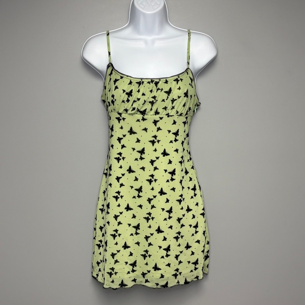 Lillie & Mia Sage Green Black Velvet Butterfly Mesh 90s Mini‎ Slip Dress Sz 10